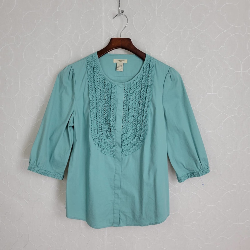 Vertigo Women's Blue Blouse‎ Large Ruffles 3/4 Sleeves Round Neck